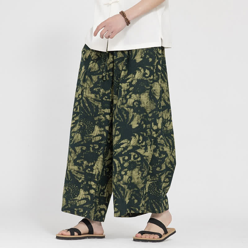 Buddha Stones Summer Boho Casual Drawstring Abstract Cropped Pants Men's Straight Leg Pants With Pocket - DarkOliveGreen - US/UK/AU48,EU58(5XL) - image 0