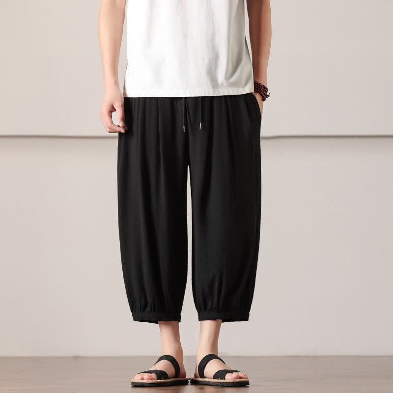 Buddha Stones Summer Casual Minimalist Drawstring Solid Capri Pants Men's Harem Pants With Pocket - Black - US/UK/AU46,EU56 (5XL) - image 19