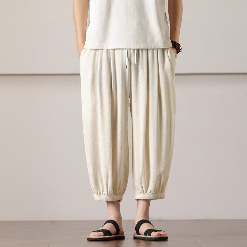 Buddha Stones Summer Casual Minimalist Drawstring Solid Capri Pants Men's Harem Pants With Pocket - AntiqueWhite - US/UK/AU46,EU56 (5XL) - image 8