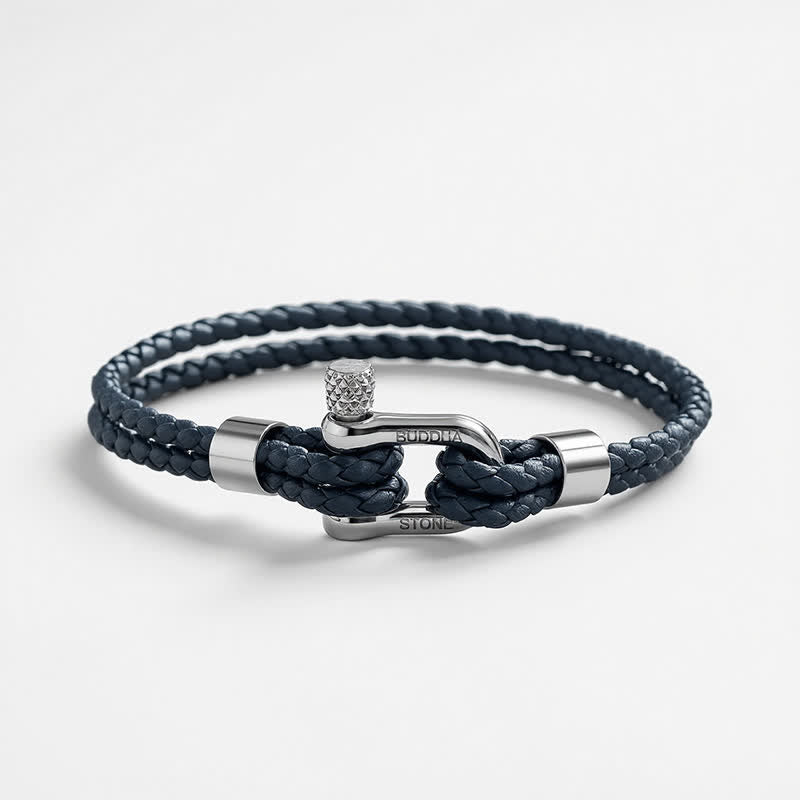 Buddha Stones Titanium Steel Shackle Leather Double Wrap Stimulation Bracelet - image 7