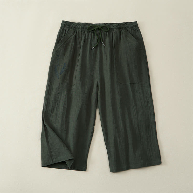Buddha Stones Summer Casual Drawstring Solid Capri Pants Men's Straight Leg Pants With Pockets - DarkOliveGreen - US/UK/AU42,EU52 (3XL) - image 8