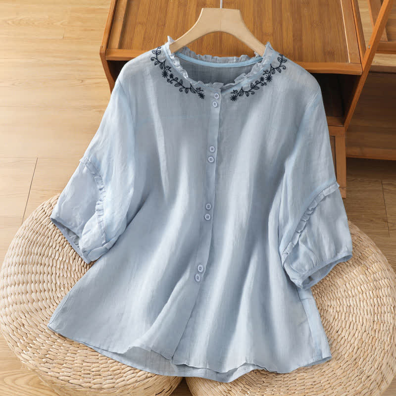 Buddha Stones Summer Casual Vintage Light Blue Embroidery Button-Up Solid Women's Elbow-Length Sleeve Shirts - LightSteelBlue - US8-10,UK/AU12-14,EU40-42 (2XL) - image 0
