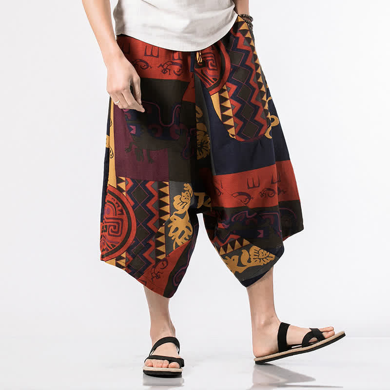 Buddha Stones Summer Boho Casual Drawstring Floral Cotton Linen Capri Pants Men's Harem Pants With Pocket - Red - US/UK/AU48,EU58(5XL) - image 7