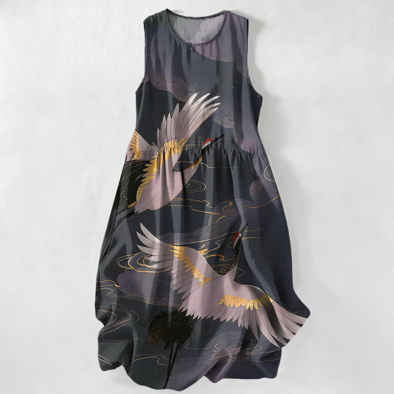 Buddha Stones Summer Casual Flying Crane Wave Pattern Women's Summer Sleeveless Midi Dress With Pockets - Black - US16,UK/AU20,EU48 (3XL) - image 0