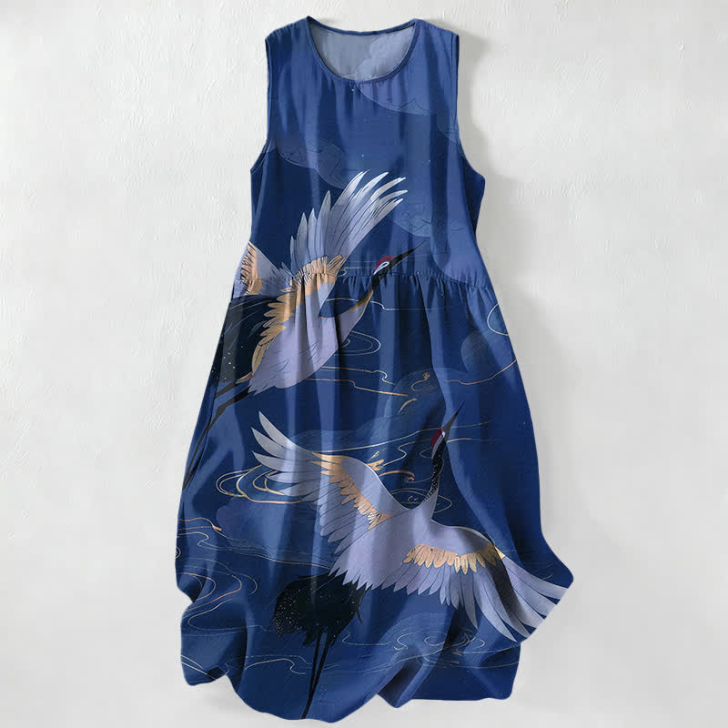 Buddha Stones Summer Casual Flying Crane Wave Pattern Women's Summer Sleeveless Midi Dress With Pockets - Navy - US16,UK/AU20,EU48 (3XL) - image 4