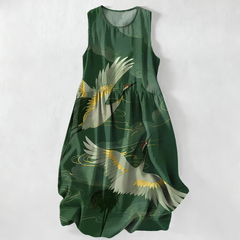 Buddha Stones Summer Casual Flying Crane Wave Pattern Women's Summer Sleeveless Midi Dress With Pockets - ForestGreen - US16,UK/AU20,EU48 (3XL) - image 5