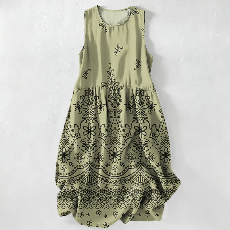 Buddha Stones Summer Casual Bohemian Floral Border Pattern Women's Summer Sleeveless Midi Dress With Pockets - Olive - US16,UK/AU20,EU48 (3XL) - image 0