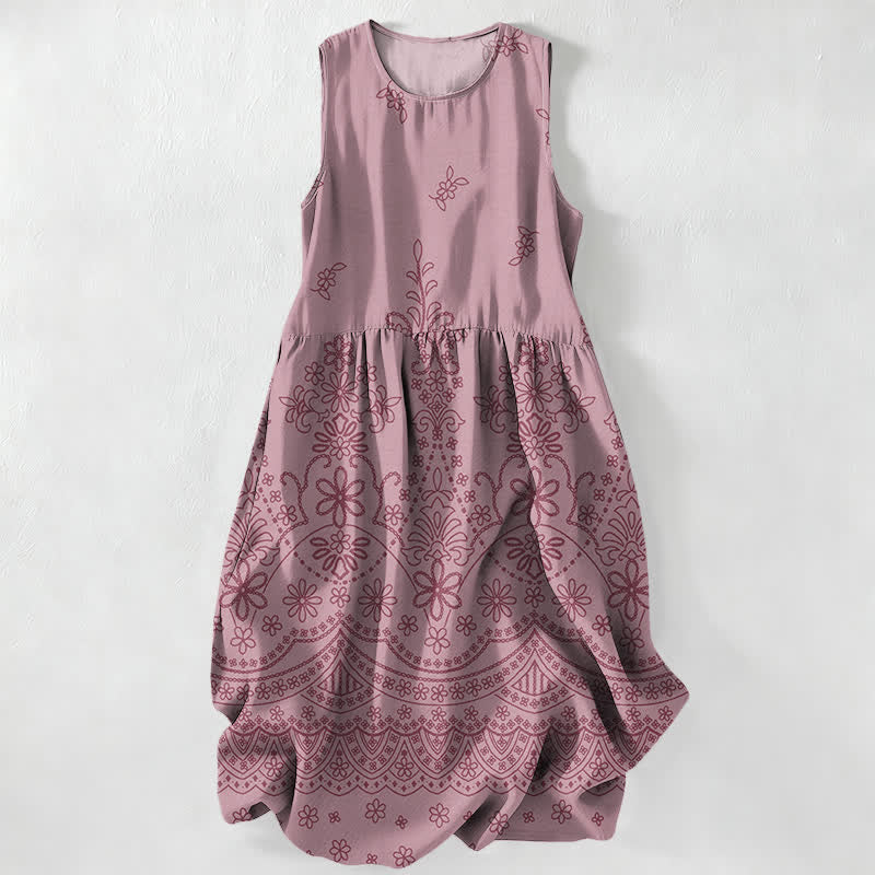 Buddha Stones Summer Casual Bohemian Floral Border Pattern Women's Summer Sleeveless Midi Dress With Pockets - PaleVioletRed - US16,UK/AU20,EU48 (3XL) - image 4