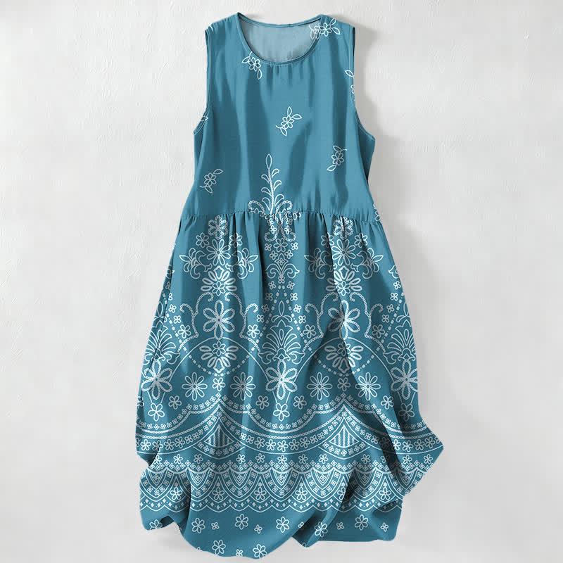 Buddha Stones Summer Casual Bohemian Floral Border Pattern Women's Summer Sleeveless Midi Dress With Pockets - Turquoise - US16,UK/AU20,EU48 (3XL) - image 5