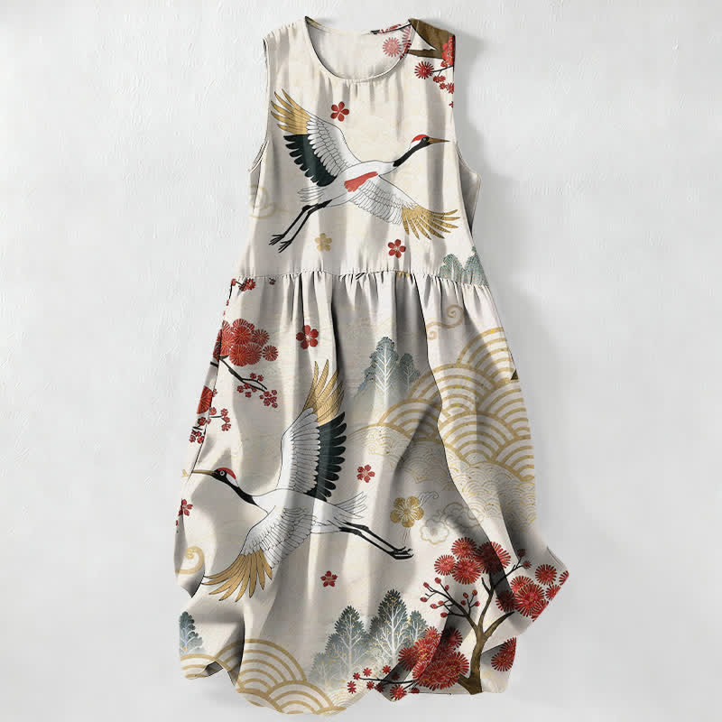 Buddha Stones Summer Casual Crane Plum Blossom Pattern Women's Summer Sleeveless Midi Dress With Pockets - Ivory - US16,UK/AU20,EU48 (3XL) - image 0