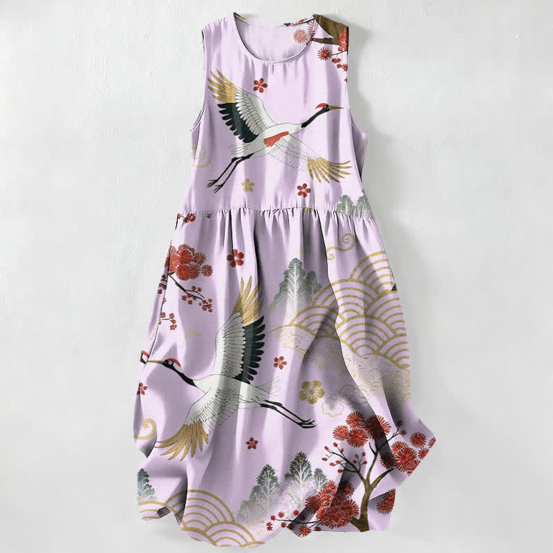 Buddha Stones Summer Casual Crane Plum Blossom Pattern Women's Summer Sleeveless Midi Dress With Pockets - Lavender - US16,UK/AU20,EU48 (3XL) - image 4