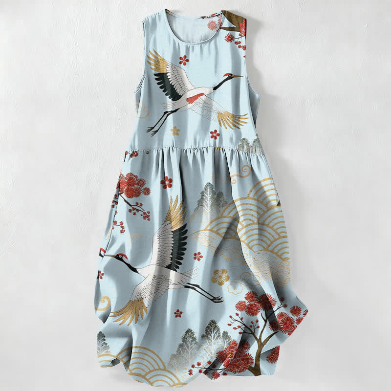 Buddha Stones Summer Casual Crane Plum Blossom Pattern Women's Summer Sleeveless Midi Dress With Pockets - PowderBlue - US16,UK/AU20,EU48 (3XL) - image 5
