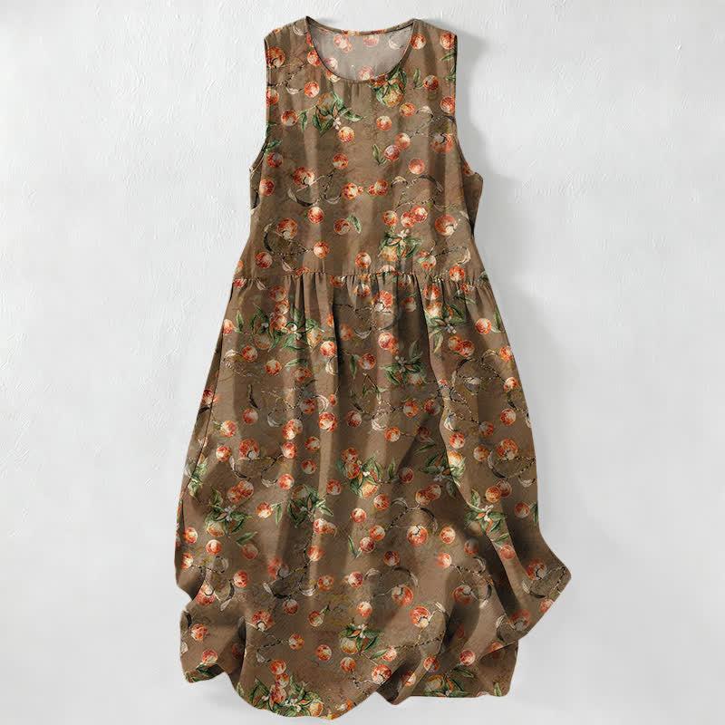 Buddha Stones Summer Casual Vintage Floral Leaves Pattern Women's Summer Sleeveless Midi Dress With Pockets - Peru - US16,UK/AU20,EU48 (3XL) - image 0