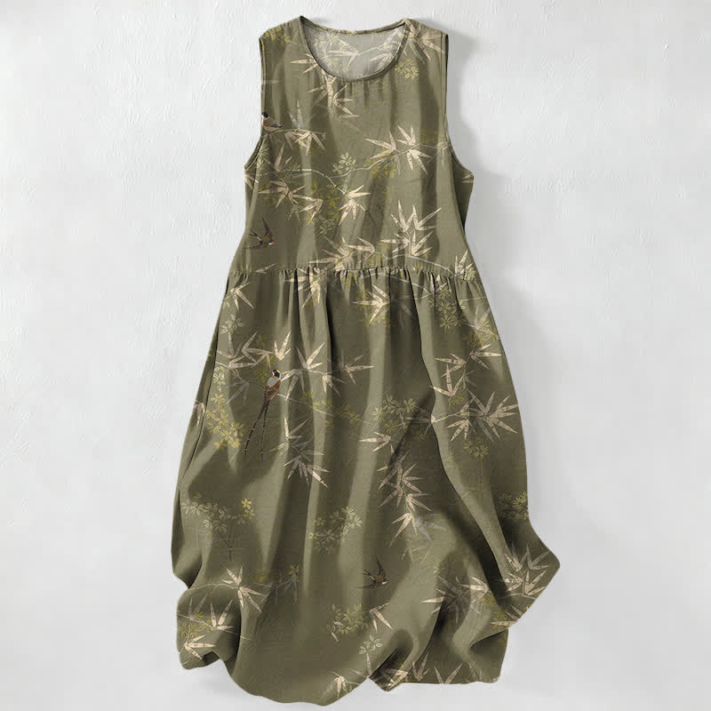 Buddha Stones Summer Casual Bamboo Leaves Pattern Women's Summer Sleeveless Midi Dress With Pockets - OliveDrab - US16,UK/AU20,EU48 (3XL) - image 0