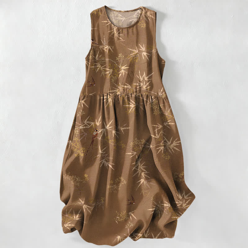 Buddha Stones Summer Casual Bamboo Leaves Pattern Women's Summer Sleeveless Midi Dress With Pockets - Peru - US16,UK/AU20,EU48 (3XL) - image 4