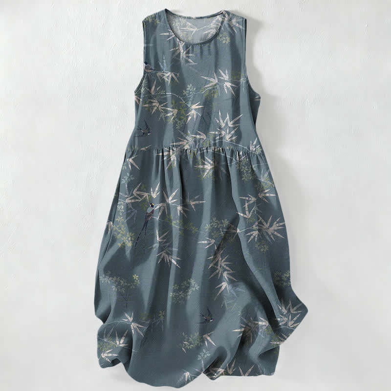 Buddha Stones Summer Casual Bamboo Leaves Pattern Women's Summer Sleeveless Midi Dress With Pockets - CadetBlue - US16,UK/AU20,EU48 (3XL) - image 5