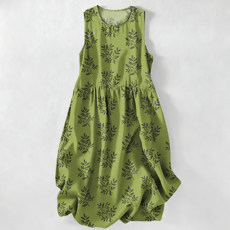 Buddha Stones Summer Casual Botanical Leaves Pattern Women's Summer Sleeveless Midi Dress With Pockets - OliveDrab - US16,UK/AU20,EU48 (3XL) - image 0