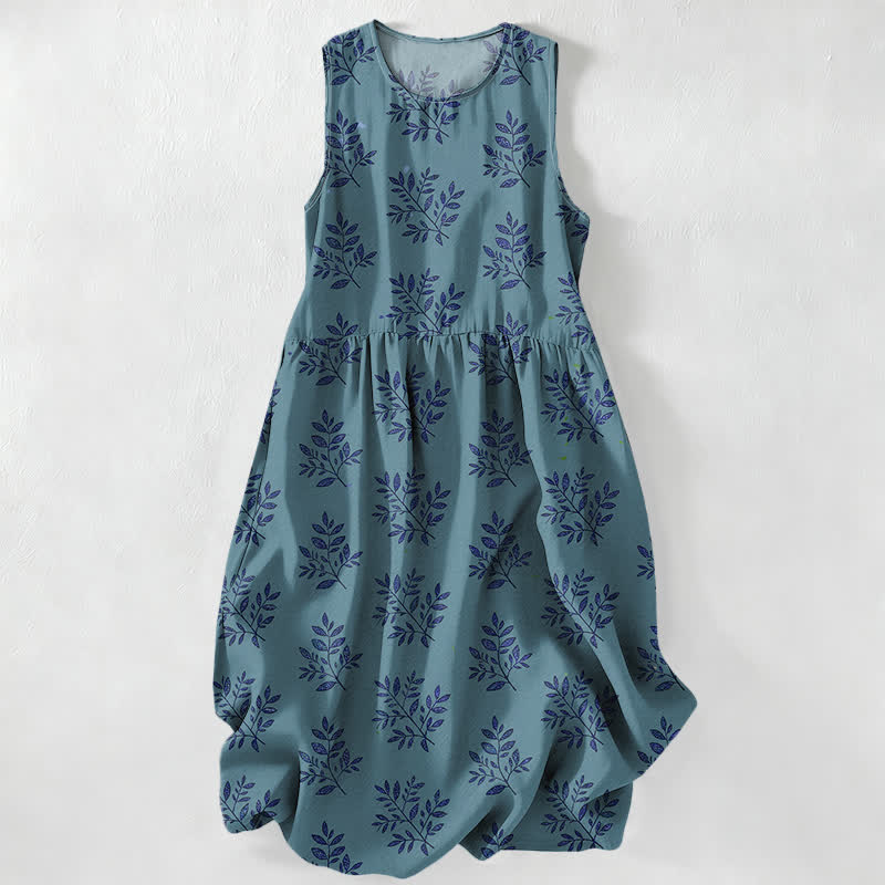 Buddha Stones Summer Casual Botanical Leaves Pattern Women's Summer Sleeveless Midi Dress With Pockets - CadetBlue - US16,UK/AU20,EU48 (3XL) - image 4