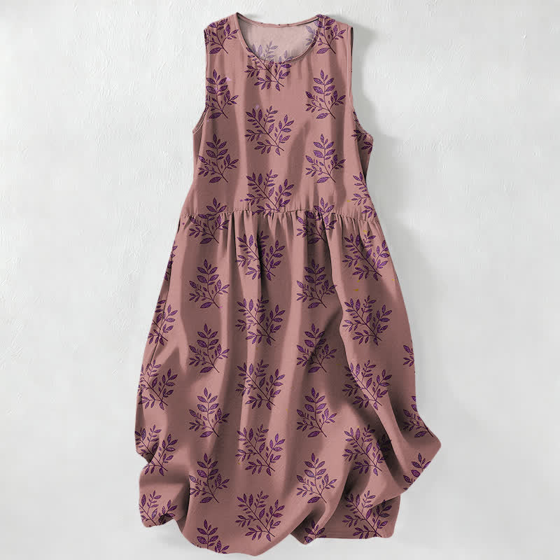 Buddha Stones Summer Casual Botanical Leaves Pattern Women's Summer Sleeveless Midi Dress With Pockets - PaleVioletRed - US16,UK/AU20,EU48 (3XL) - image 5