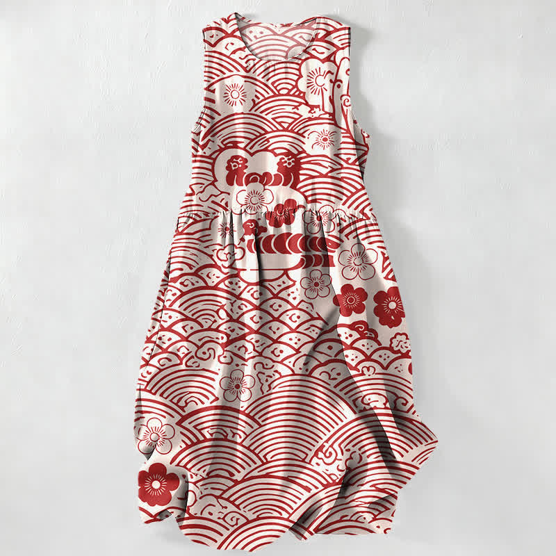 Buddha Stones Summer Casual Seigaiha Floral Pattern Women's Summer Sleeveless Midi Dress With Pockets - FloralWhite - US16,UK/AU20,EU48 (3XL) - image 0