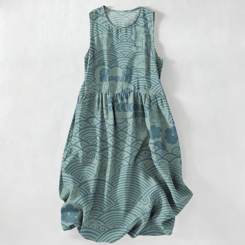 Buddha Stones Summer Casual Seigaiha Floral Pattern Women's Summer Sleeveless Midi Dress With Pockets - Turquoise - US16,UK/AU20,EU48 (3XL) - image 4