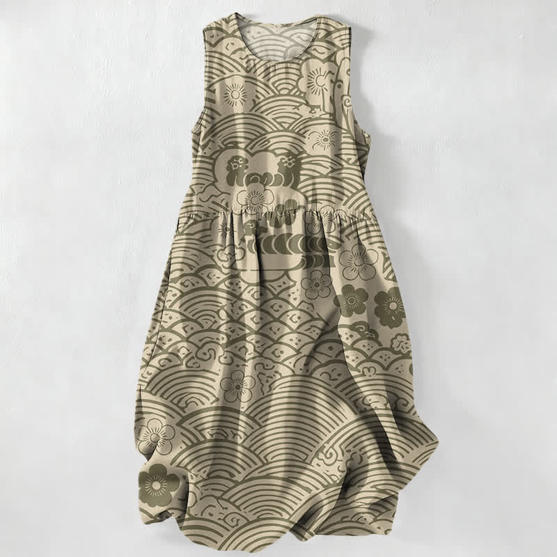 Buddha Stones Summer Casual Seigaiha Floral Pattern Women's Summer Sleeveless Midi Dress With Pockets - DarkKhaki - US16,UK/AU20,EU48 (3XL) - image 5