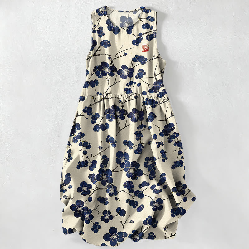 Buddha Stones Summer Casual Indigo Floral Leaves Pattern Women's Summer Sleeveless Midi Dress With Pockets - Ivory - US16,UK/AU20,EU48 (3XL) - image 0