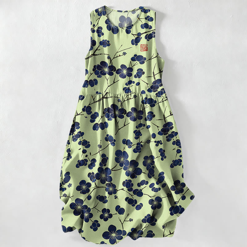 Buddha Stones Summer Casual Indigo Floral Leaves Pattern Women's Summer Sleeveless Midi Dress With Pockets - LightGreen - US16,UK/AU20,EU48 (3XL) - image 4
