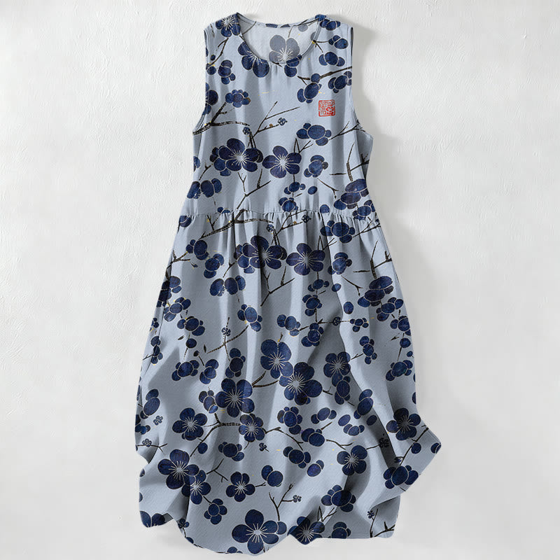 Buddha Stones Summer Casual Indigo Floral Leaves Pattern Women's Summer Sleeveless Midi Dress With Pockets - PowderBlue - US16,UK/AU20,EU48 (3XL) - image 5