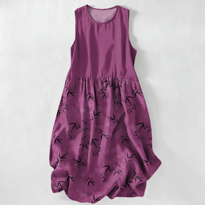 Buddha Stones Summer Casual Bamboo Leaves Pattern Women's Summer Sleeveless Midi Dress With Pockets - MediumVioletRed - US16,UK/AU20,EU48 (3XL) - image 0