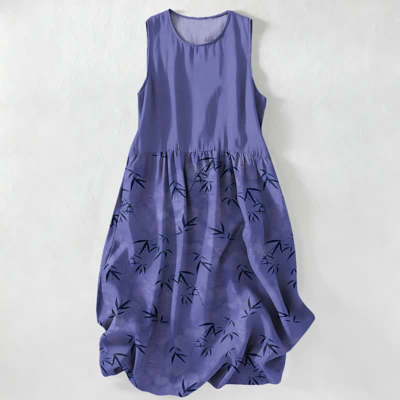 Buddha Stones Summer Casual Bamboo Leaves Pattern Women's Summer Sleeveless Midi Dress With Pockets - SlateBlue - US16,UK/AU20,EU48 (3XL) - image 4