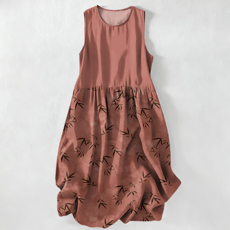 Buddha Stones Summer Casual Bamboo Leaves Pattern Women's Summer Sleeveless Midi Dress With Pockets - Chocolate - US16,UK/AU20,EU48 (3XL) - image 5