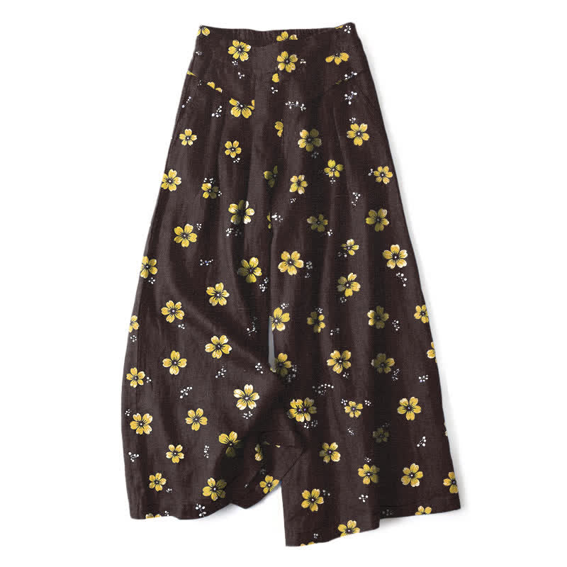 Buddha Stones Cotton Linen Vintage Floral Pattern Women's Elastic Waist Wide Leg Pants With Pockets - Black - US16,UK/AU20,EU48 (3XL) - image 0