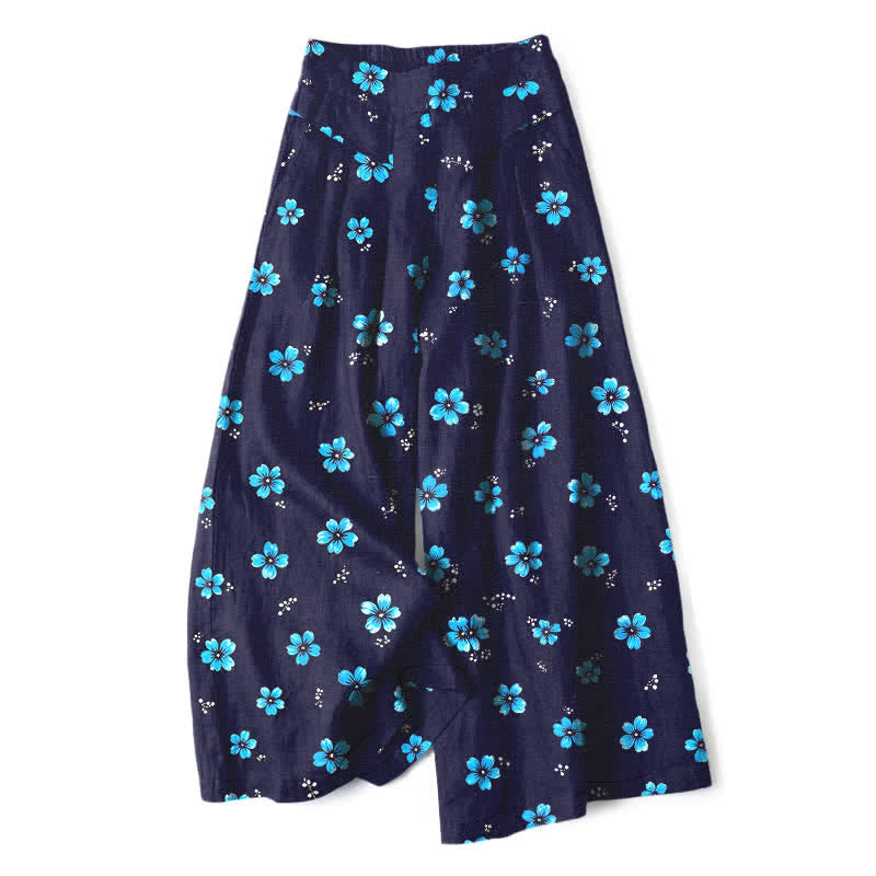 Buddha Stones Cotton Linen Vintage Floral Pattern Women's Elastic Waist Wide Leg Pants With Pockets - Navy - US16,UK/AU20,EU48 (3XL) - image 4