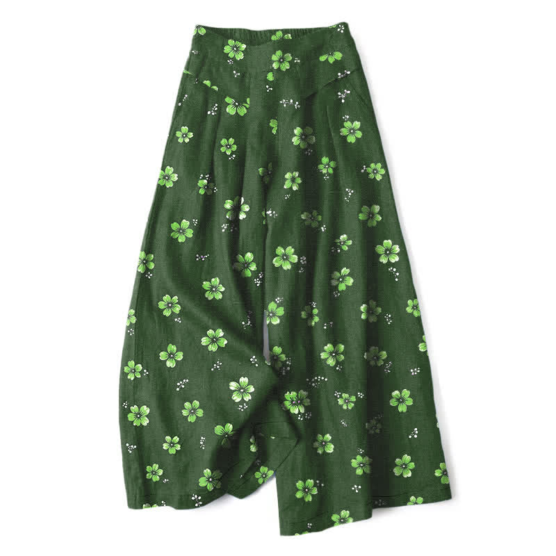 Buddha Stones Cotton Linen Vintage Floral Pattern Women's Elastic Waist Wide Leg Pants With Pockets - ForestGreen - US16,UK/AU20,EU48 (3XL) - image 6