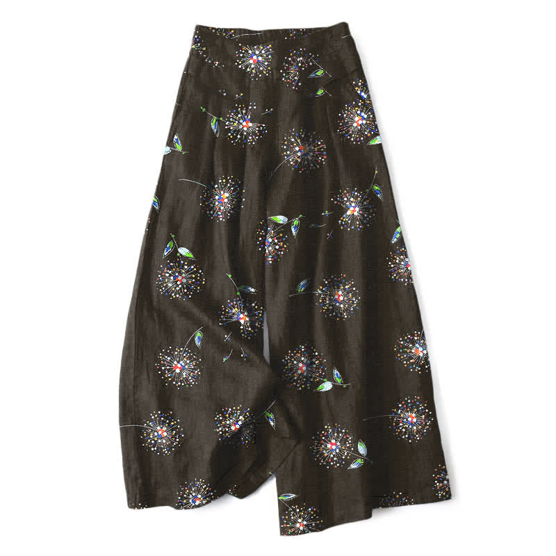 Buddha Stones Cotton Linen Colorful Dandelion Floral Pattern Women's Elastic Waist Wide Leg Pants With Pockets - Black - US16,UK/AU20,EU48 (3XL) - image 0