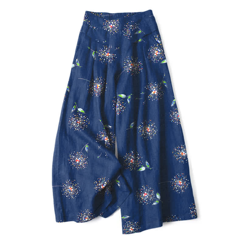 Buddha Stones Cotton Linen Colorful Dandelion Floral Pattern Women's Elastic Waist Wide Leg Pants With Pockets - Navy - US16,UK/AU20,EU48 (3XL) - image 4