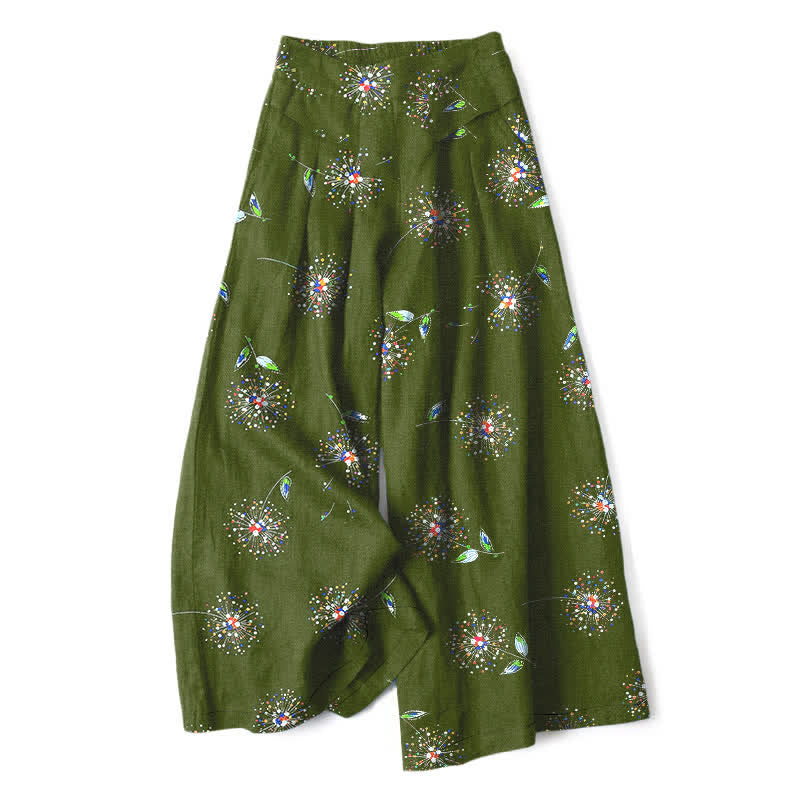 Buddha Stones Cotton Linen Colorful Dandelion Floral Pattern Women's Elastic Waist Wide Leg Pants With Pockets - OliveDrab - US16,UK/AU20,EU48 (3XL) - image 6