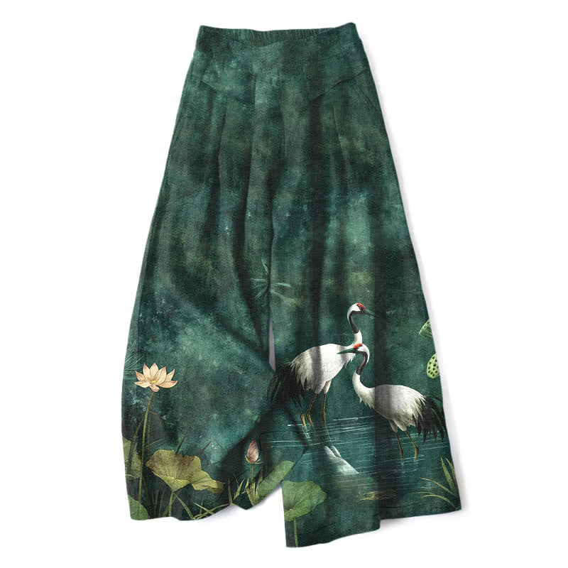 Buddha Stones Cotton Linen Crane Lotus Pattern Women's Elastic Waist Wide Leg Pants With Pockets - ForestGreen - US16,UK/AU20,EU48 (3XL) - image 0