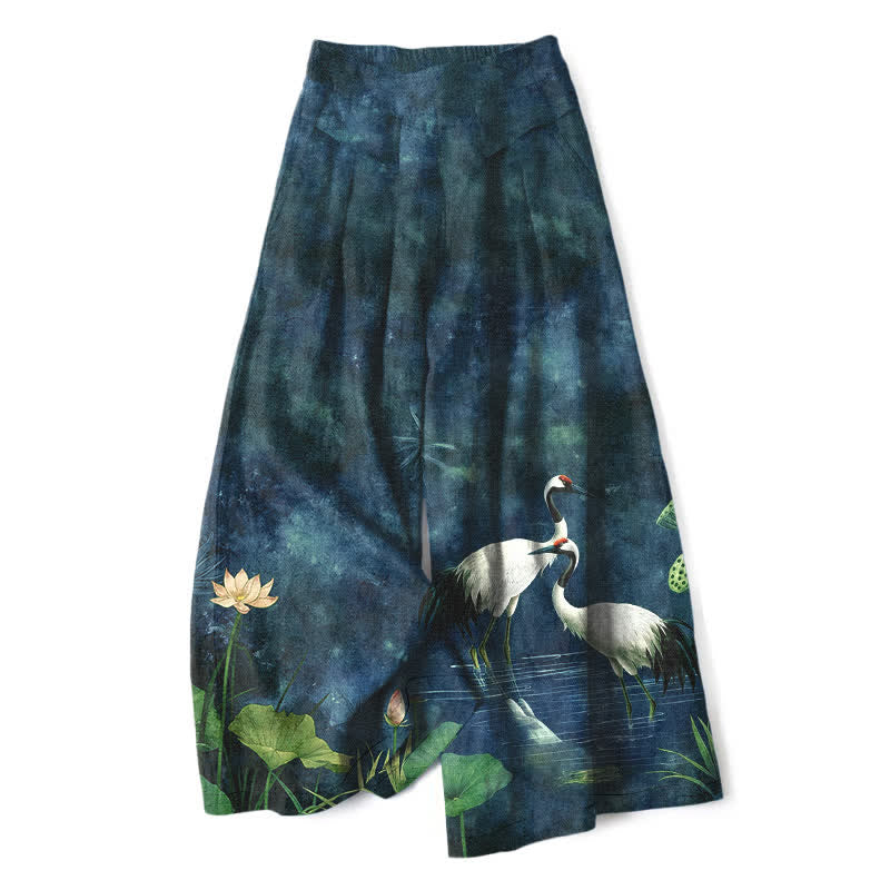 Buddha Stones Cotton Linen Crane Lotus Pattern Women's Elastic Waist Wide Leg Pants With Pockets - SteelBlue - US16,UK/AU20,EU48 (3XL) - image 4