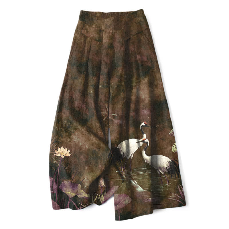 Buddha Stones Cotton Linen Crane Lotus Pattern Women's Elastic Waist Wide Leg Pants With Pockets - SaddleBrown - US16,UK/AU20,EU48 (3XL) - image 6