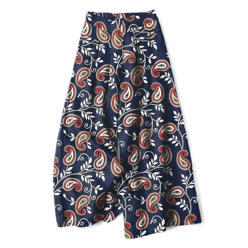 Buddha Stones Cotton Linen Bohemian Paisley Pattern Women's Elastic Waist Wide Leg Pants With Pockets - Navy - US16,UK/AU20,EU48 (3XL) - image 0