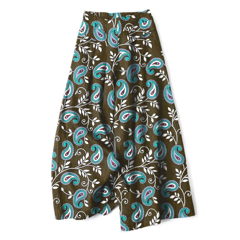 Buddha Stones Cotton Linen Bohemian Paisley Pattern Women's Elastic Waist Wide Leg Pants With Pockets - DarkOliveGreen - US16,UK/AU20,EU48 (3XL) - image 4