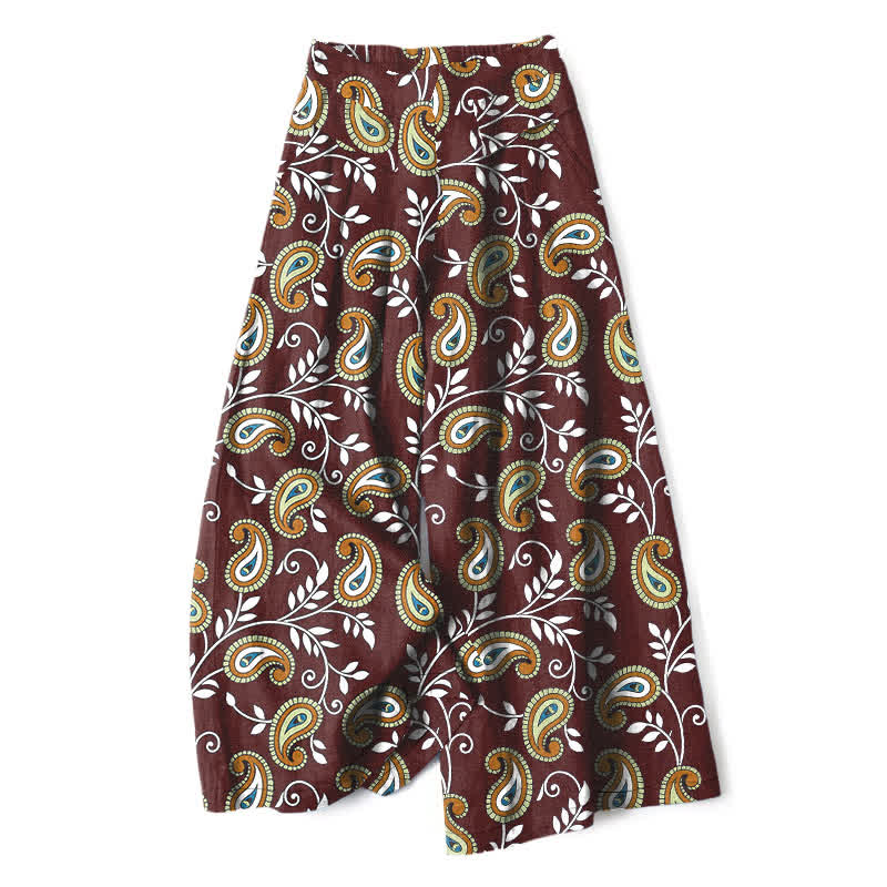 Buddha Stones Cotton Linen Bohemian Paisley Pattern Women's Elastic Waist Wide Leg Pants With Pockets - Maroon - US16,UK/AU20,EU48 (3XL) - image 6