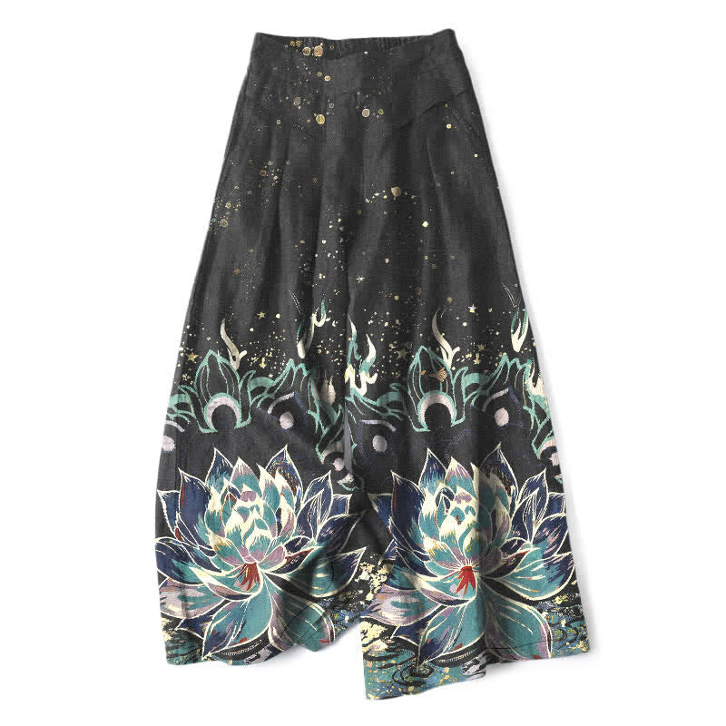 Buddha Stones Cotton Linen Lotus Bloom Pattern Women's Elastic Waist Wide Leg Pants With Pockets - Black - US16,UK/AU20,EU48 (3XL) - image 0