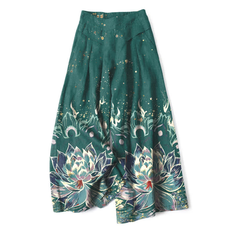 Buddha Stones Cotton Linen Lotus Bloom Pattern Women's Elastic Waist Wide Leg Pants With Pockets - Teal - US16,UK/AU20,EU48 (3XL) - image 4