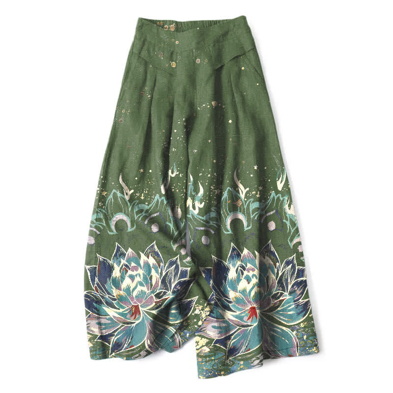 Buddha Stones Cotton Linen Lotus Bloom Pattern Women's Elastic Waist Wide Leg Pants With Pockets - OliveDrab - US16,UK/AU20,EU48 (3XL) - image 6
