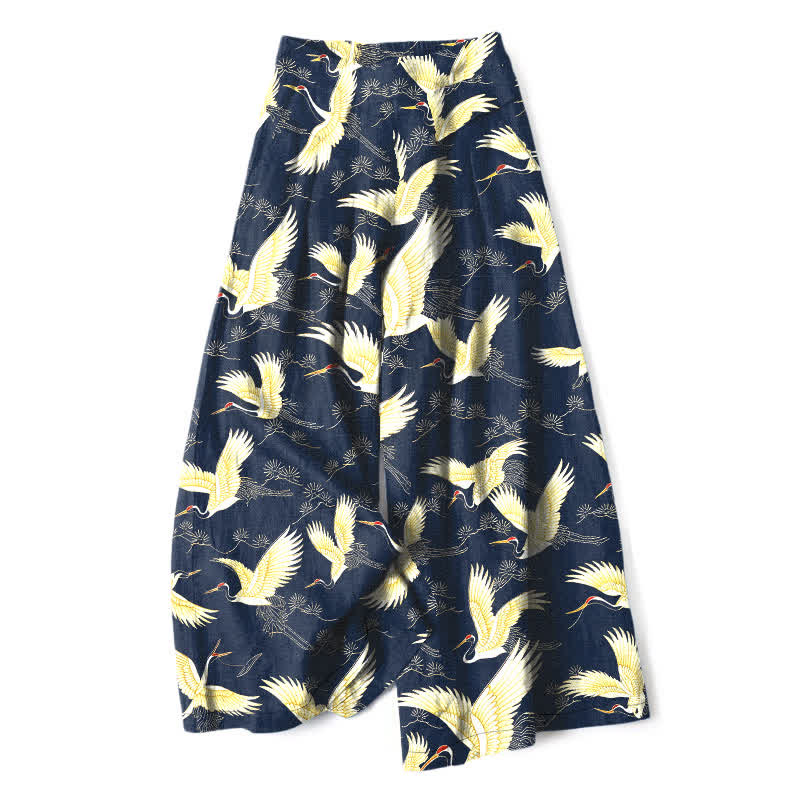 Buddha Stones Cotton Linen Gold Crane Pattern Women's Elastic Waist Wide Leg Pants With Pockets - Navy - US16,UK/AU20,EU48 (3XL) - image 0