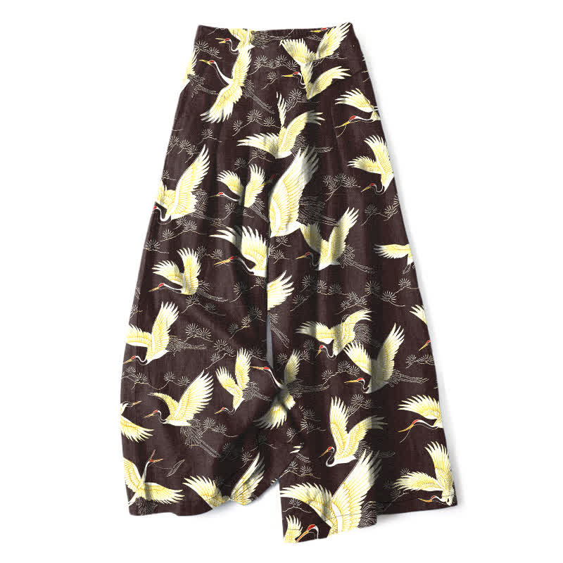 Buddha Stones Cotton Linen Gold Crane Pattern Women's Elastic Waist Wide Leg Pants With Pockets - SaddleBrown - US16,UK/AU20,EU48 (3XL) - image 4