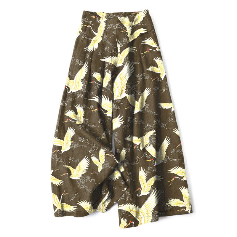 Buddha Stones Cotton Linen Gold Crane Pattern Women's Elastic Waist Wide Leg Pants With Pockets - DarkKhaki - US16,UK/AU20,EU48 (3XL) - image 6